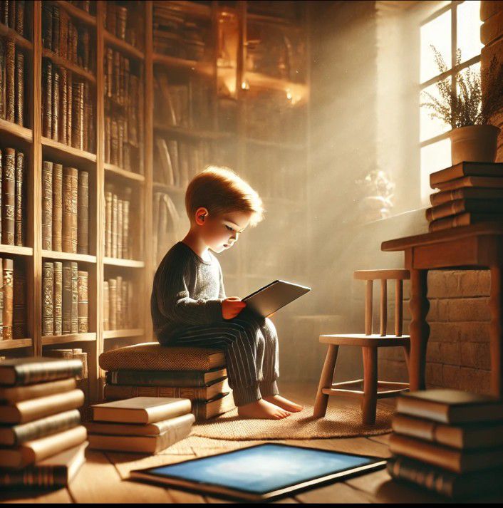 Niño leyendo en un rincón acogedor con libros alrededor y una tablet apartada, resaltando la importancia de la lectura sobre el uso de pantallas